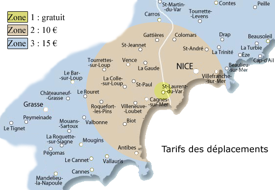 Carte de la zone d'intervention et des tarifs appliqués